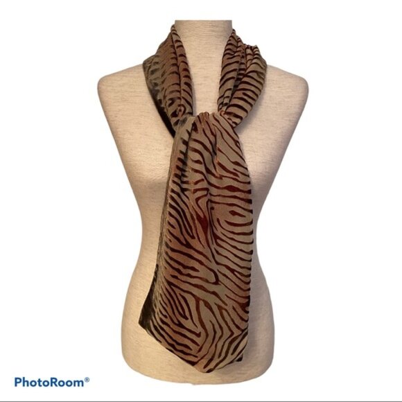ELLEN TRACY SCARF BROWN TAN SAFARI BURN OUT VELVET LONG RECTANGLE - Picture 1 of 10